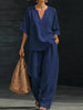 Top a Maniche Corte con Scollo a V e Pantalone a Gamba Larga in Lino (Blu Navy)